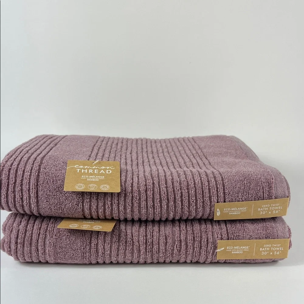 2pc Common Thread Bamboo Bath Towels Purple Mauve Zero Twist Soft Cotton NEW